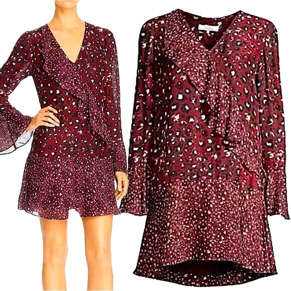 Parker Silk Purple Leopard Printed Bell Sleeve Kimberly Flounce Dress Small - Picture 2 of 8